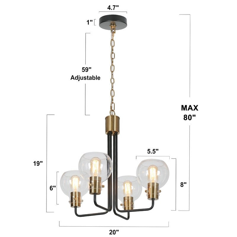 Modern Farmhouse 4-Light Black Gold Glass Chandelier for Dining Room - 20" D x 19" H