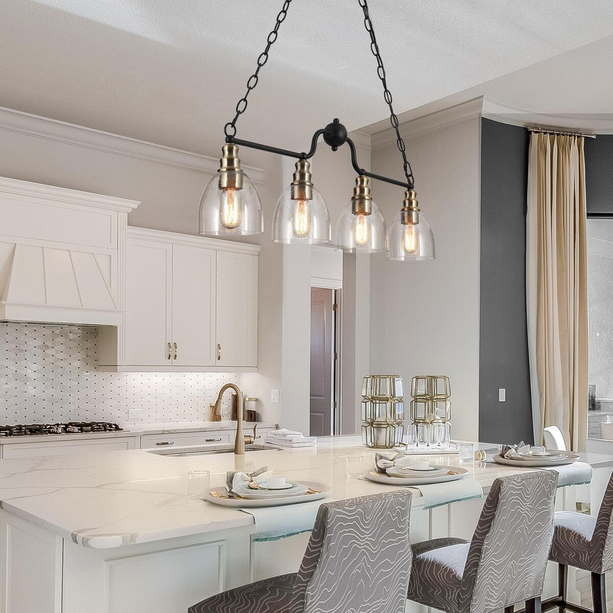 Modern Farmhouse 4-light Glass Linear Chandelier Diningroom Black Gold Industrial Kitchen Island Lighting - 32 inches
