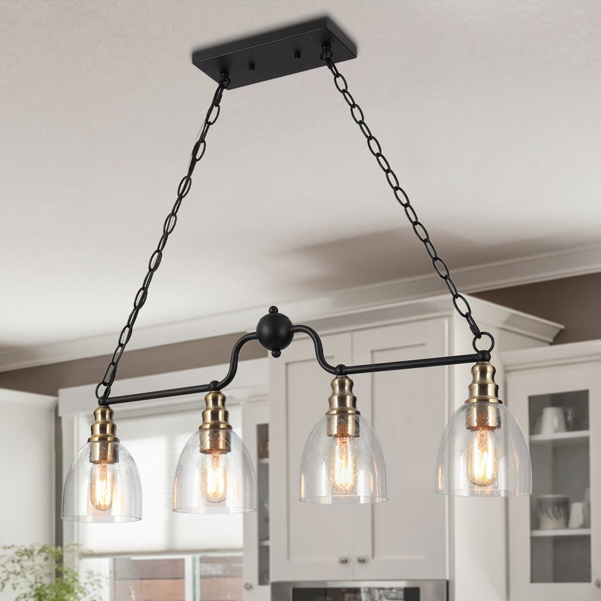 Modern Farmhouse 4-light Glass Linear Chandelier Diningroom Black Gold Industrial Kitchen Island Lighting - 32 inches