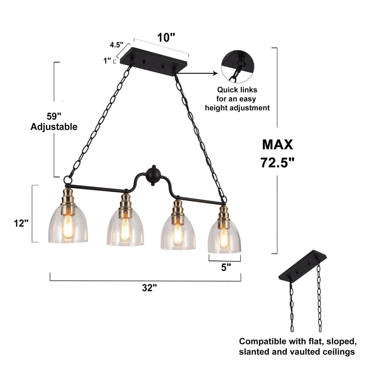 Modern Farmhouse 4-light Glass Linear Chandelier Diningroom Black Gold Industrial Kitchen Island Lighting - 32 inches