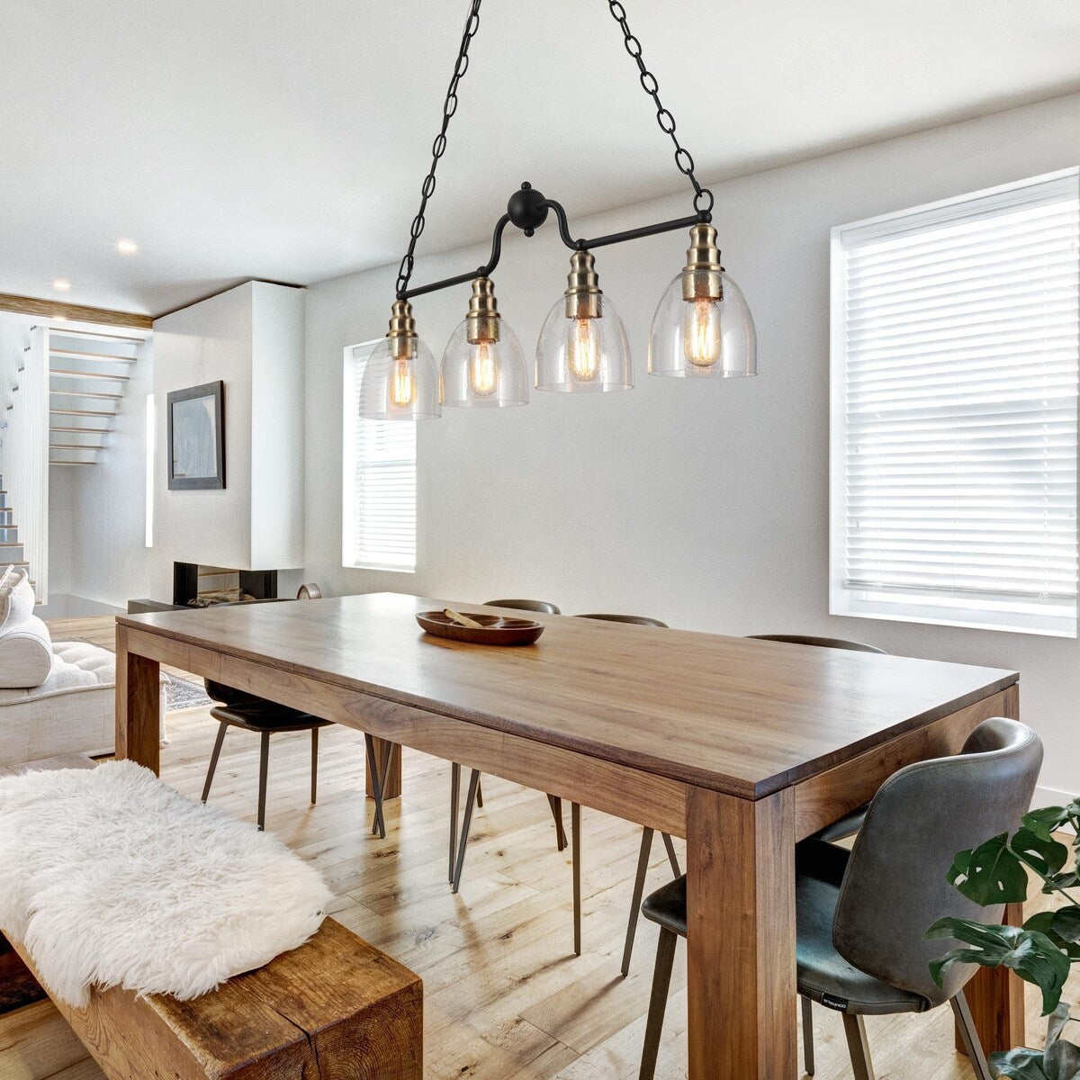 Modern Farmhouse 4-light Glass Linear Chandelier Diningroom Black Gold Industrial Kitchen Island Lighting - 32 inches