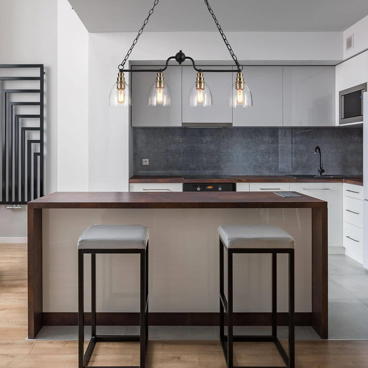 Modern Farmhouse 4-light Glass Linear Chandelier Diningroom Black Gold Industrial Kitchen Island Lighting - 32 inches