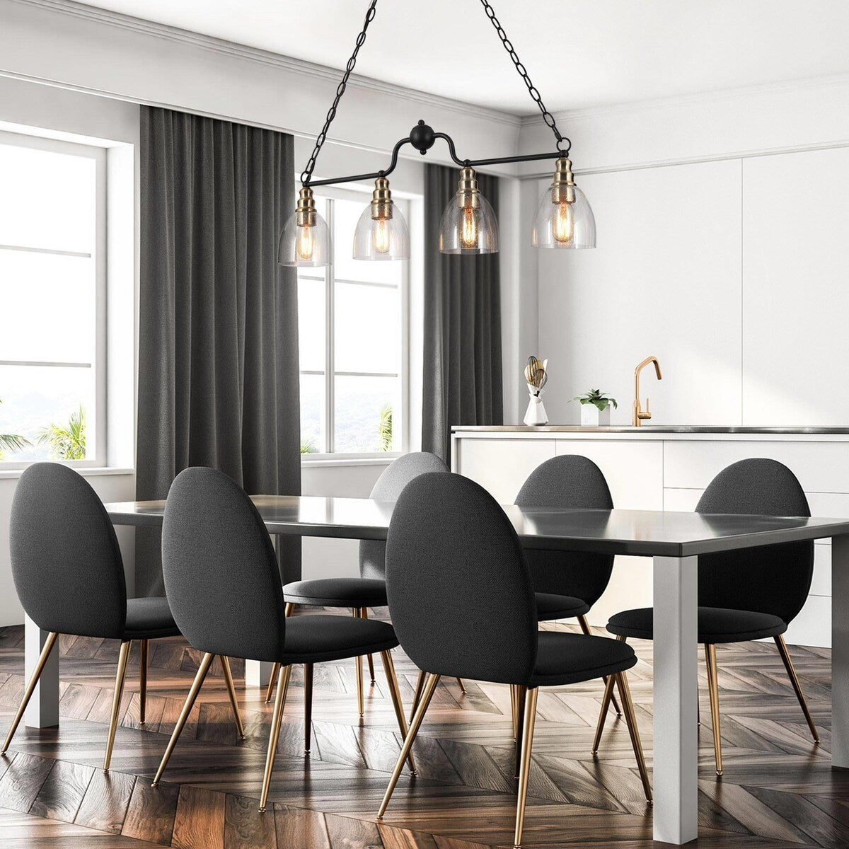 Modern Farmhouse 4-light Glass Linear Chandelier Diningroom Black Gold Industrial Kitchen Island Lighting - 32 inches