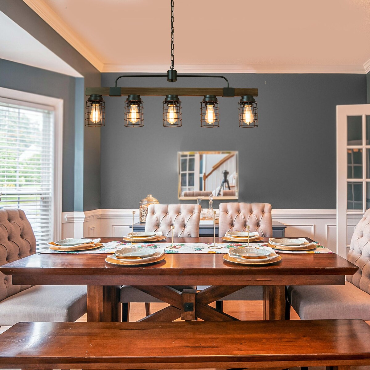 Modern Farmhouse 5-Light Linear Chandeliers Metal Pendant Light for Kitchen Island