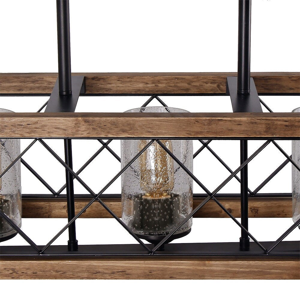 Modern Farmhouse 5-Light Wood Rectangle Chandelier Seeded Glass Kitchen Island Lights for Dining Room - 31.5" L x 8.75" W x 8" H