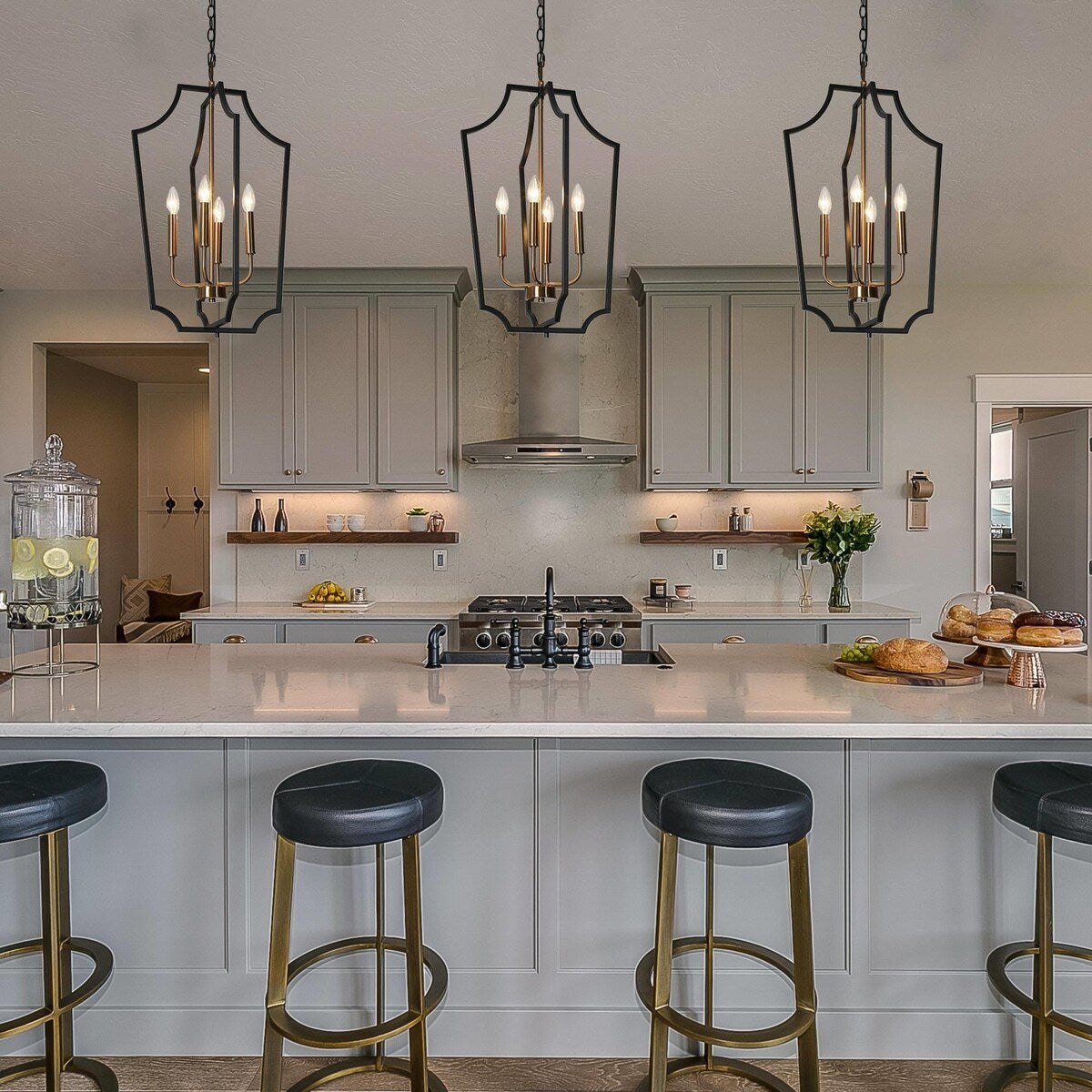 Modern Farmhouse Black Gold 4-Light Cage Chandelier Lantern Pendant Light for Dining Room - 15.5" D x 26" H