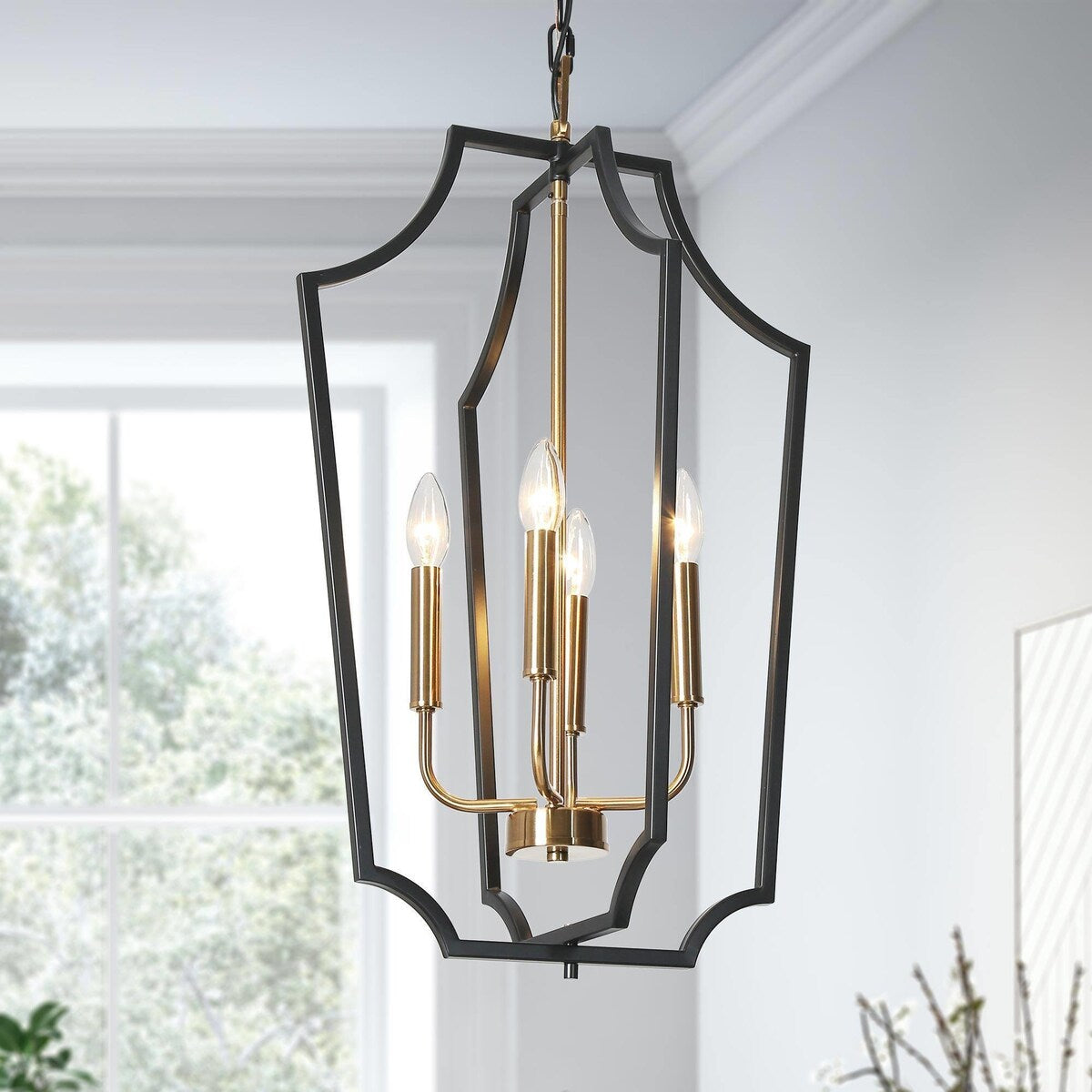Modern Farmhouse Black Gold 4-Light Cage Chandelier Lantern Pendant Light for Dining Room - 15.5" D x 26" H
