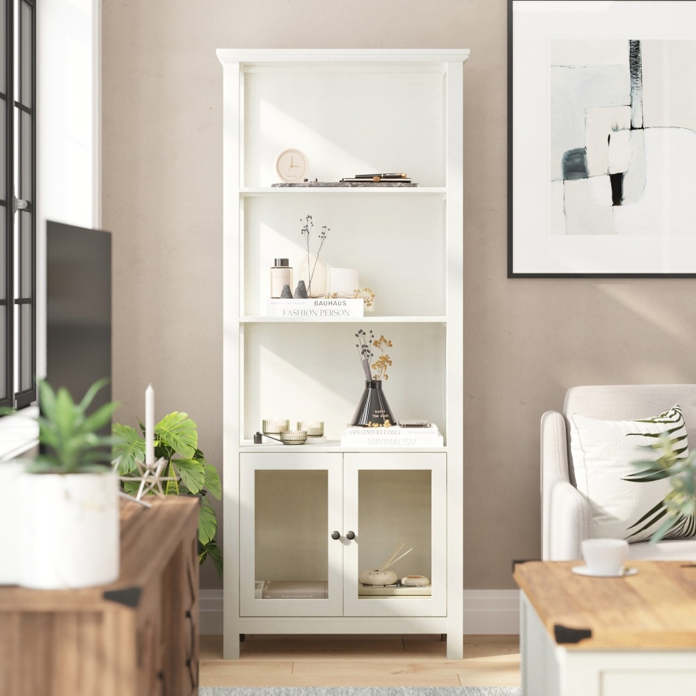 Modern Farmhouse Bookcase with Open Shelving and Glass Door Cabinet