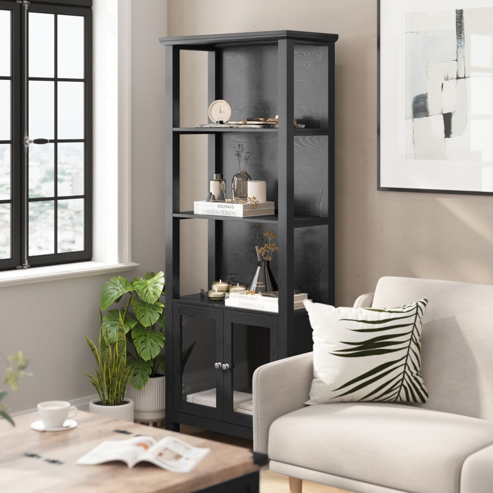 Modern Farmhouse Bookcase with Open Shelving and Glass Door Cabinet