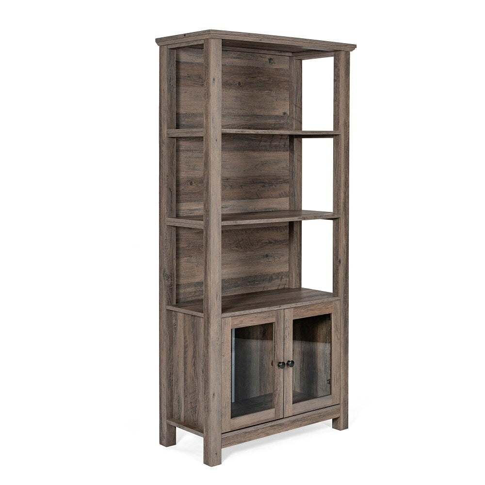 Modern Farmhouse Bookcase with Open Shelving and Glass Door Cabinet