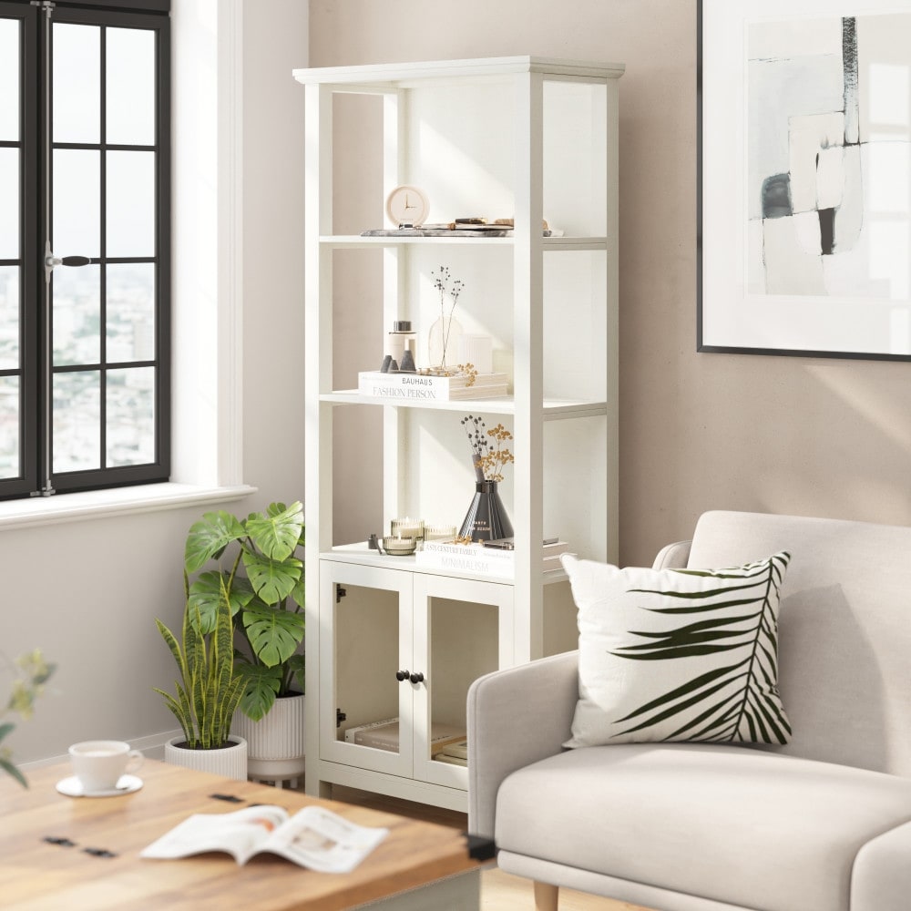 Modern Farmhouse Bookcase with Open Shelving and Glass Door Cabinet