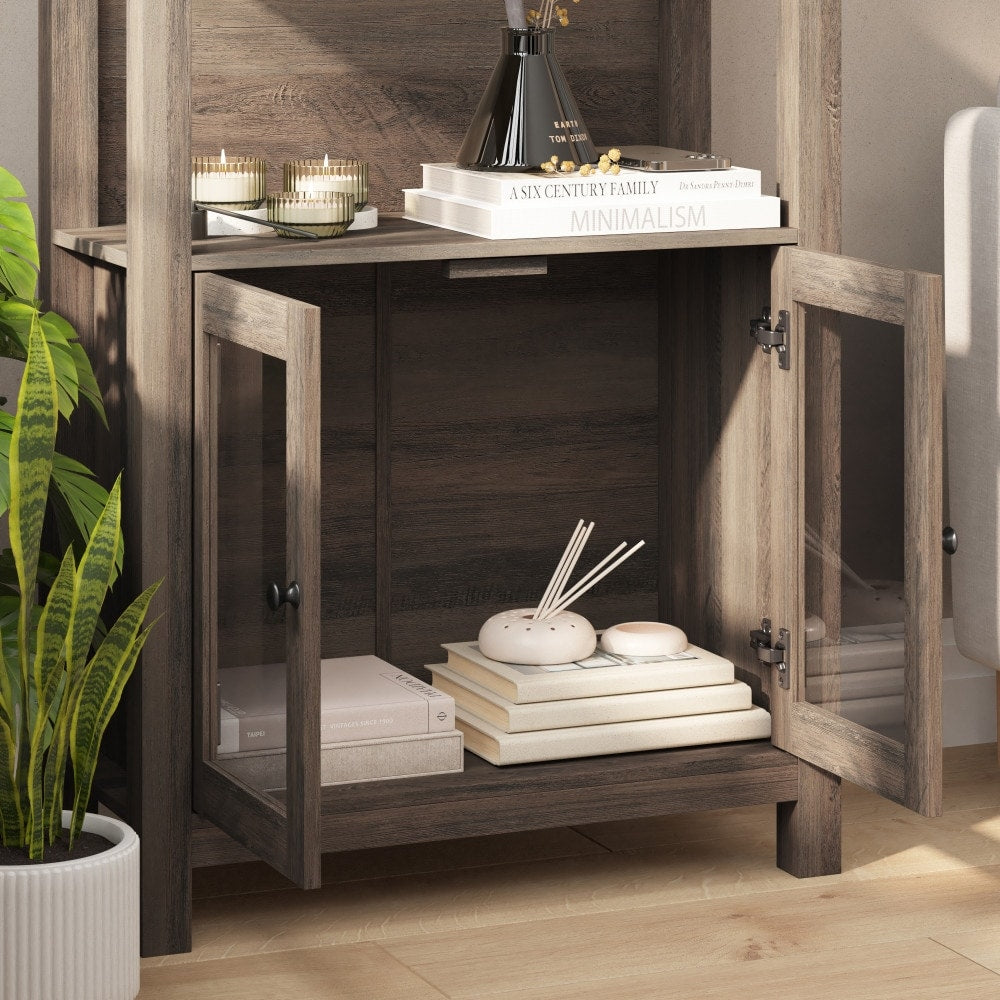Modern Farmhouse Bookcase with Open Shelving and Glass Door Cabinet