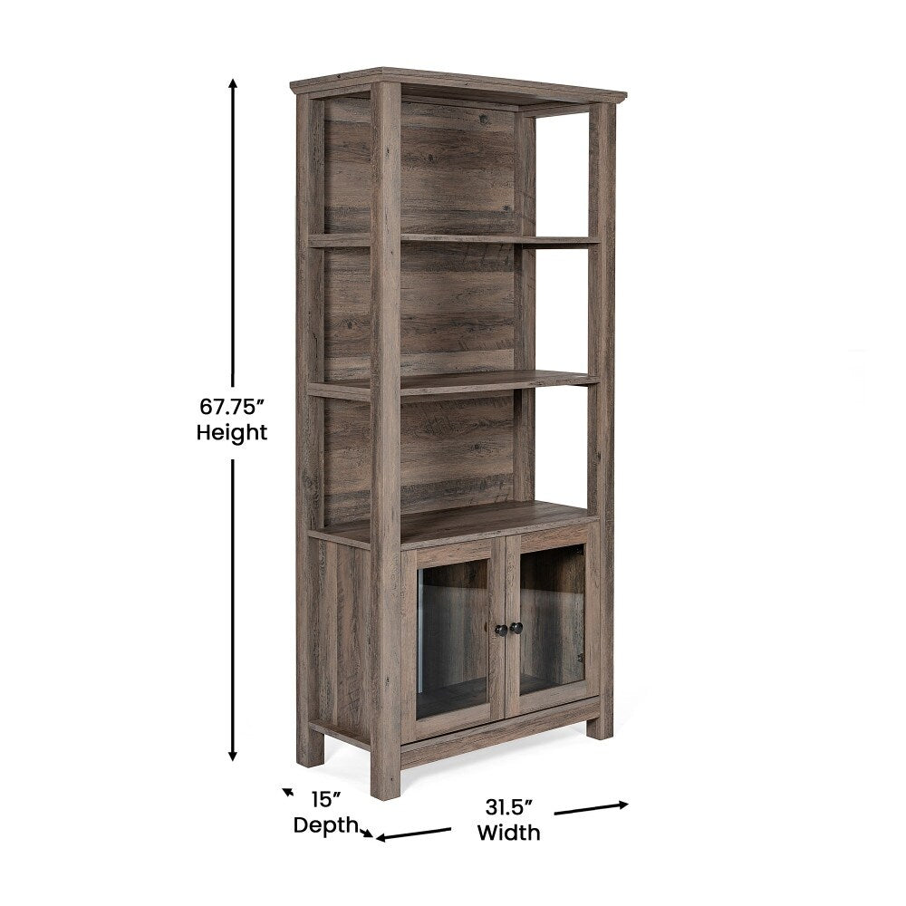 Modern Farmhouse Bookcase with Open Shelving and Glass Door Cabinet