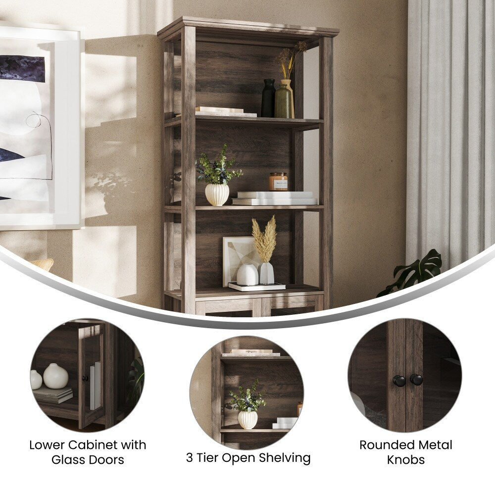 Modern Farmhouse Bookcase with Open Shelving and Glass Door Cabinet