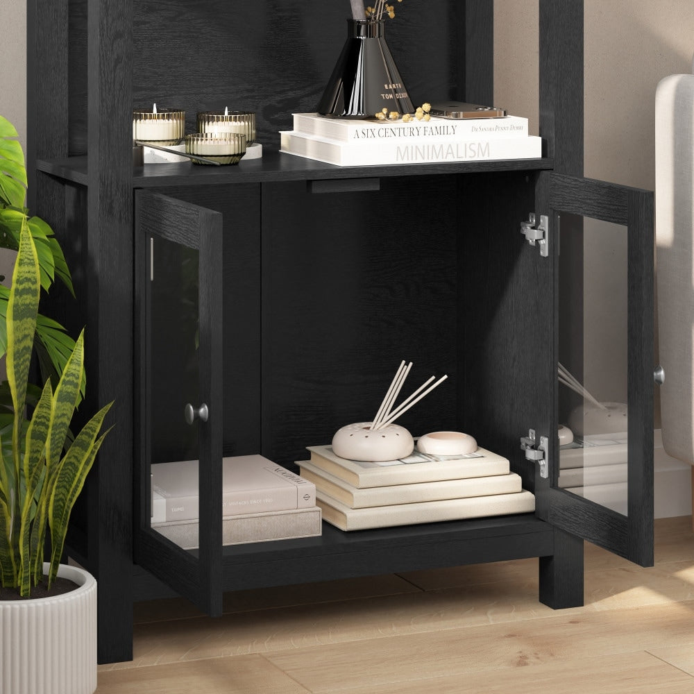 Modern Farmhouse Bookcase with Open Shelving and Glass Door Cabinet