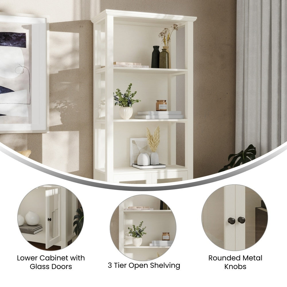Modern Farmhouse Bookcase with Open Shelving and Glass Door Cabinet