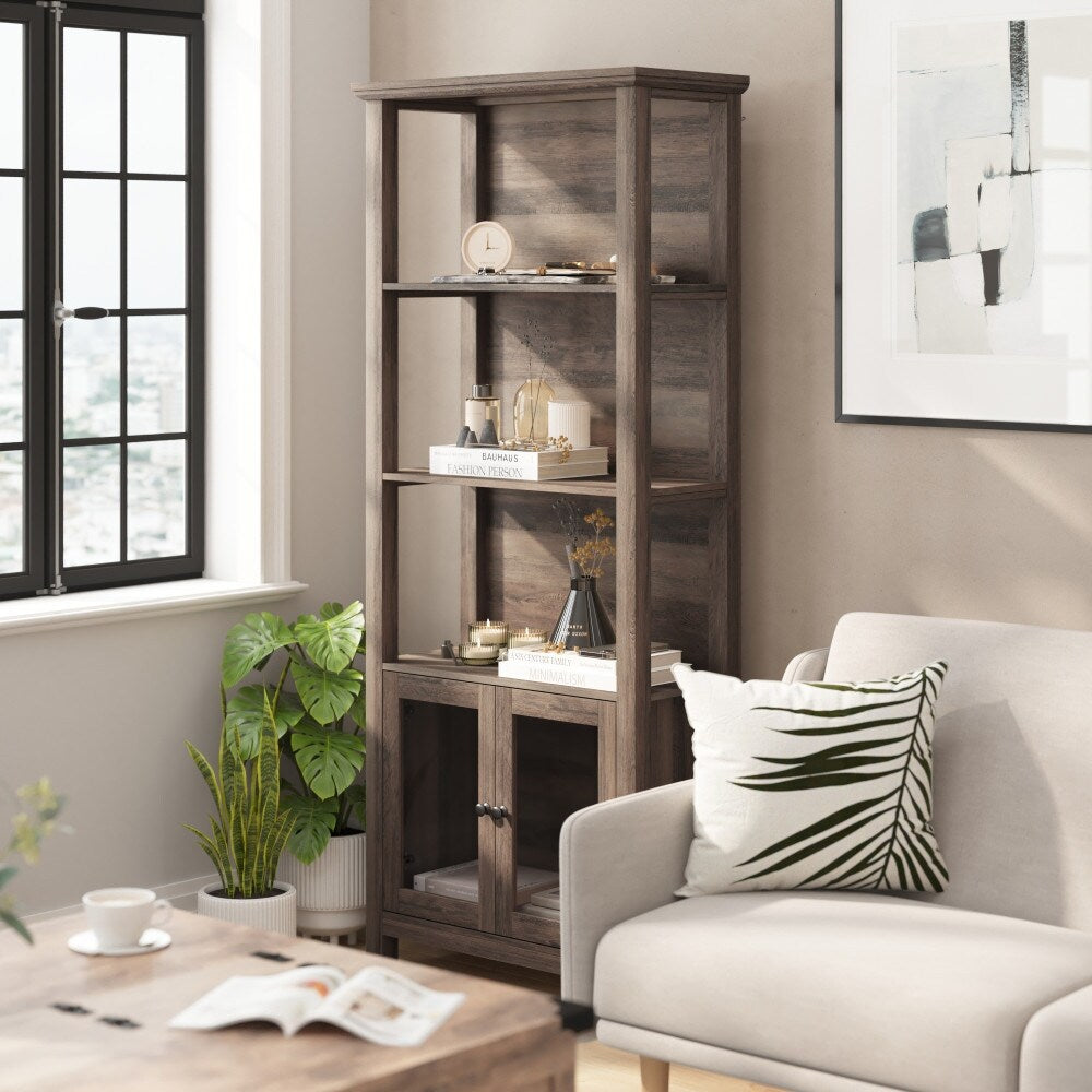 Modern Farmhouse Bookcase with Open Shelving and Glass Door Cabinet