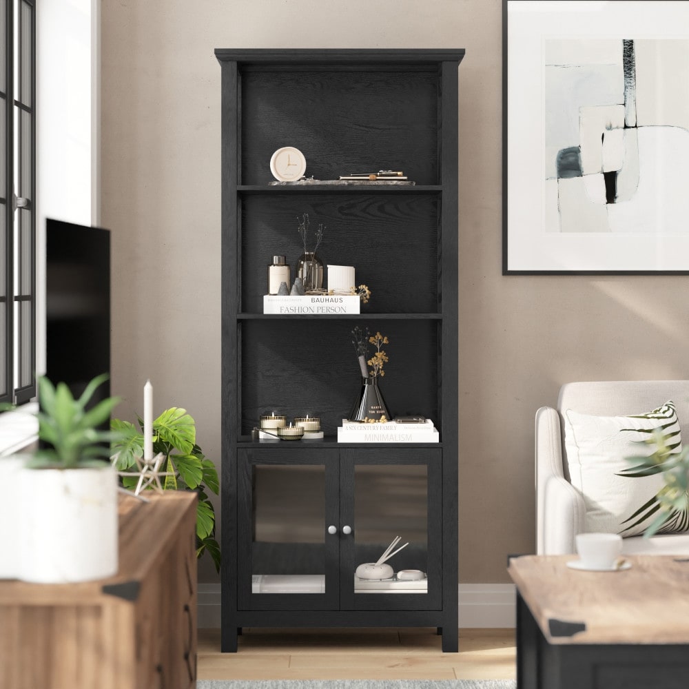 Modern Farmhouse Bookcase with Open Shelving and Glass Door Cabinet