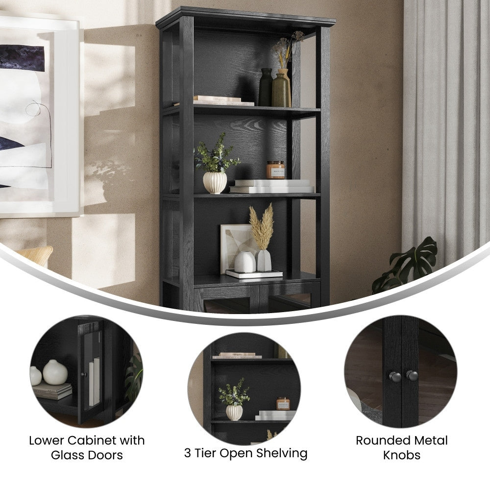 Modern Farmhouse Bookcase with Open Shelving and Glass Door Cabinet