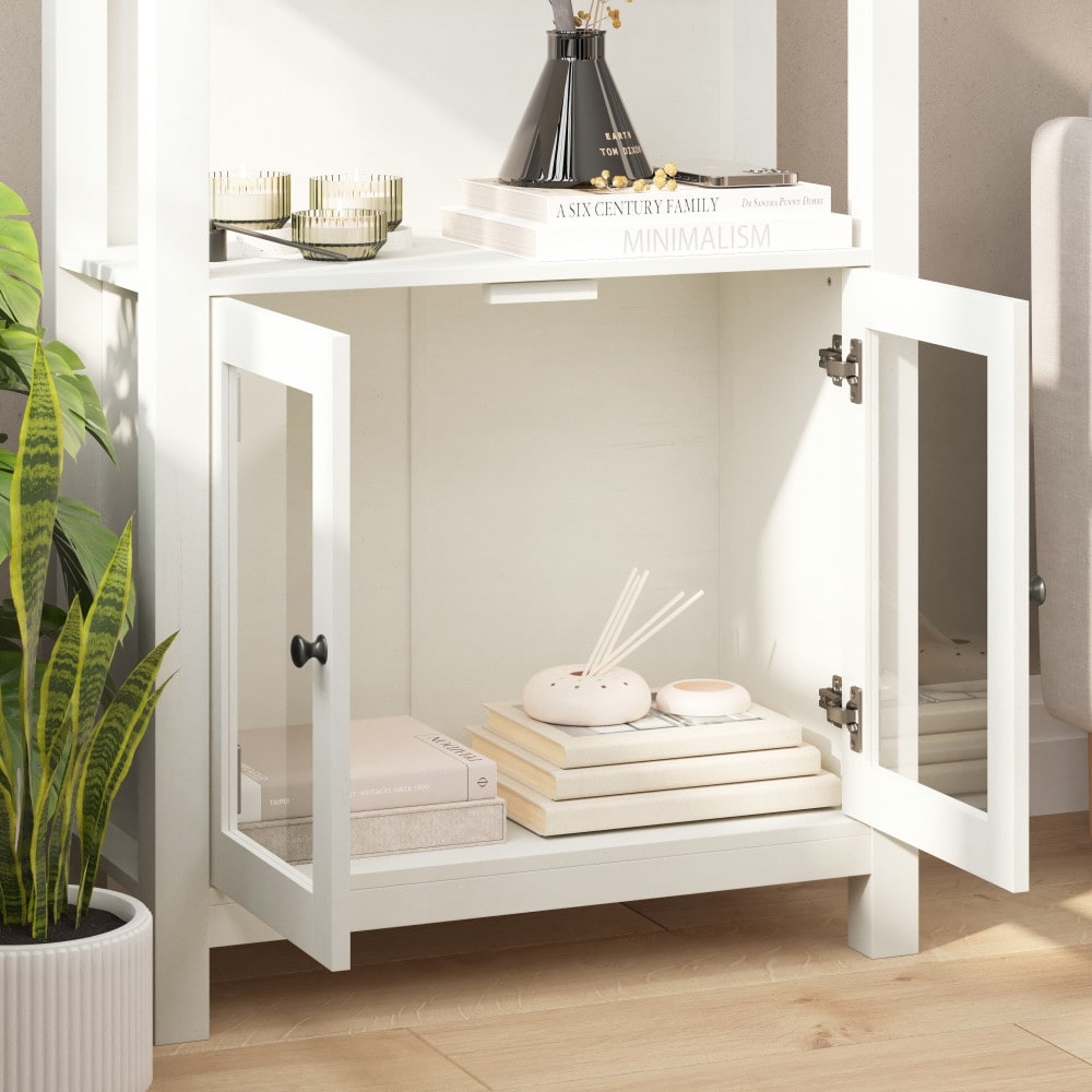Modern Farmhouse Bookcase with Open Shelving and Glass Door Cabinet