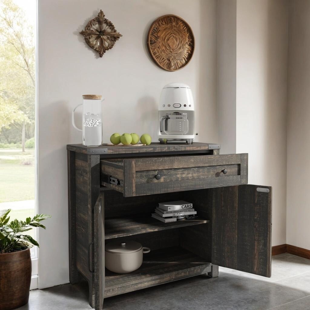 Modern Farmhouse Double Barn Door Accent Cabinet,30 Inch,BLACK PINE