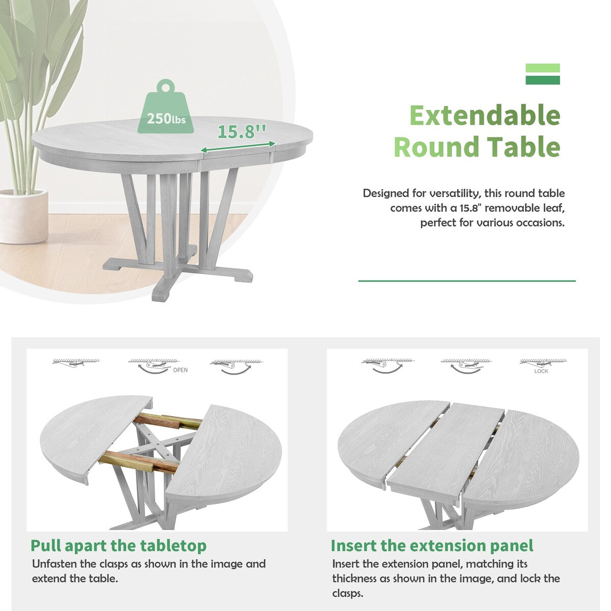 Modern Farmhouse Extendable Round Dining Table Set with 4 Cross Back Chairs