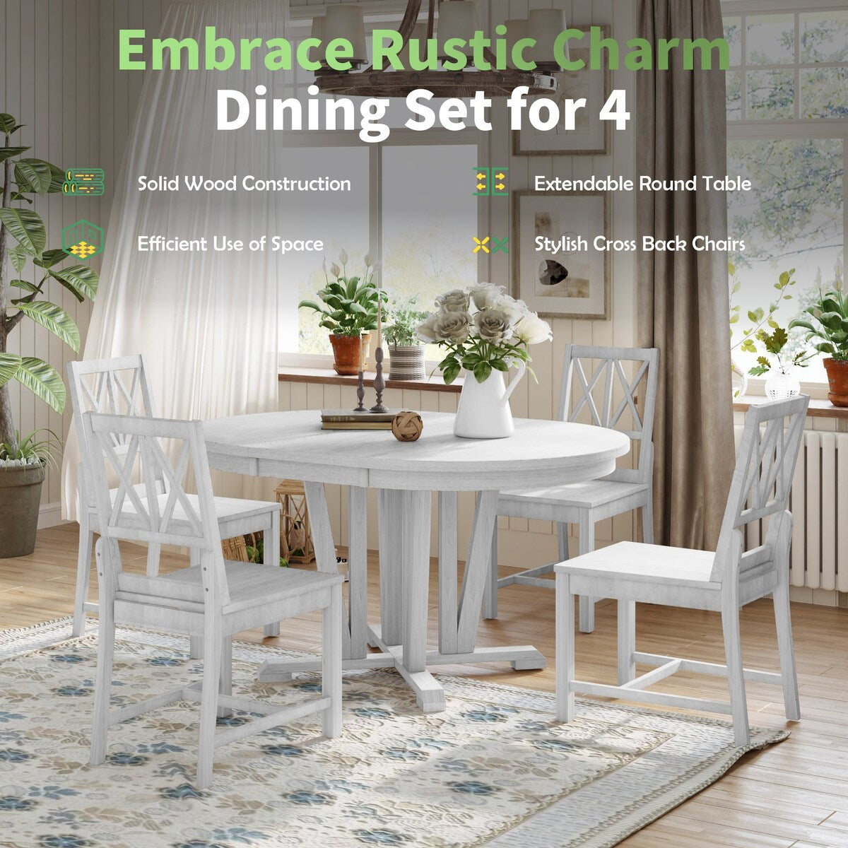 Modern Farmhouse Extendable Round Dining Table Set with 4 Cross Back Chairs