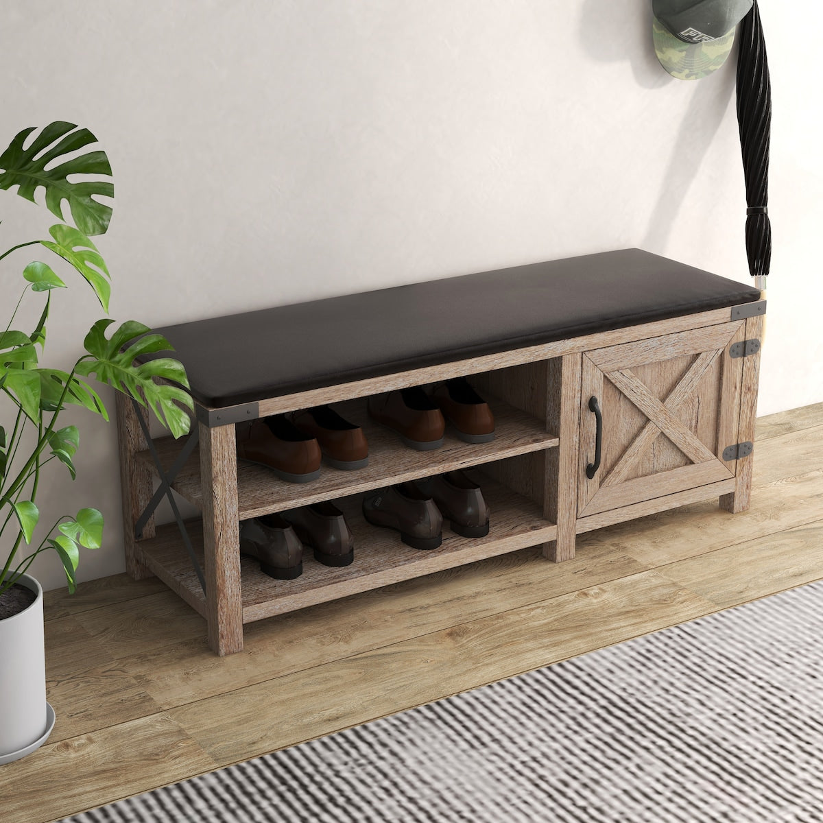 Modern Farmhouse Shoes Bench With Seat Cushion, Tobacco Wood