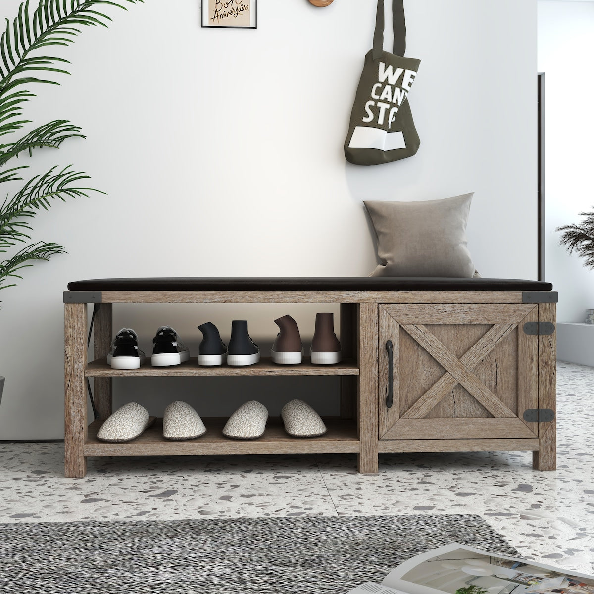 Modern Farmhouse Shoes Bench With Seat Cushion, Tobacco Wood