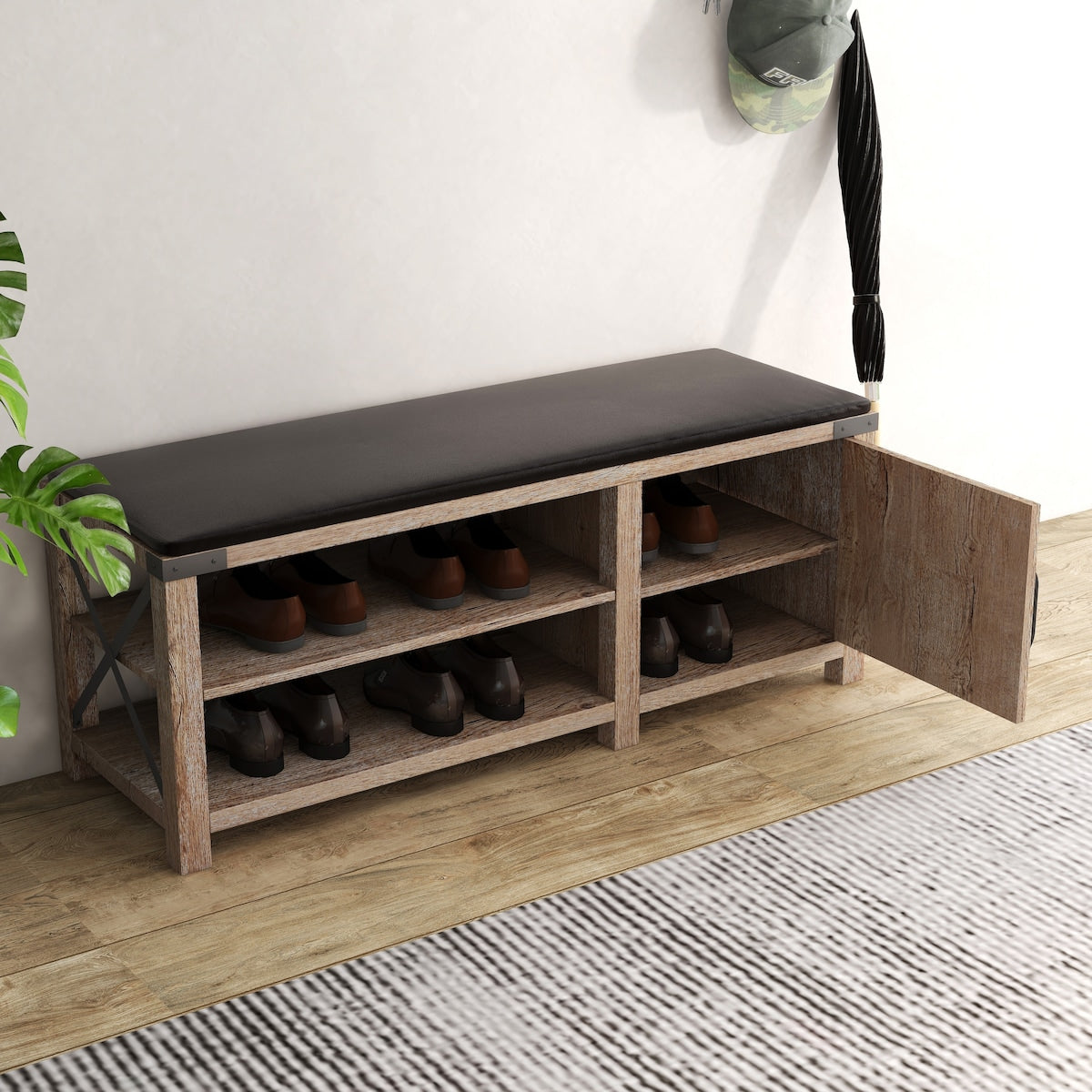 Modern Farmhouse Shoes Bench With Seat Cushion, Tobacco Wood