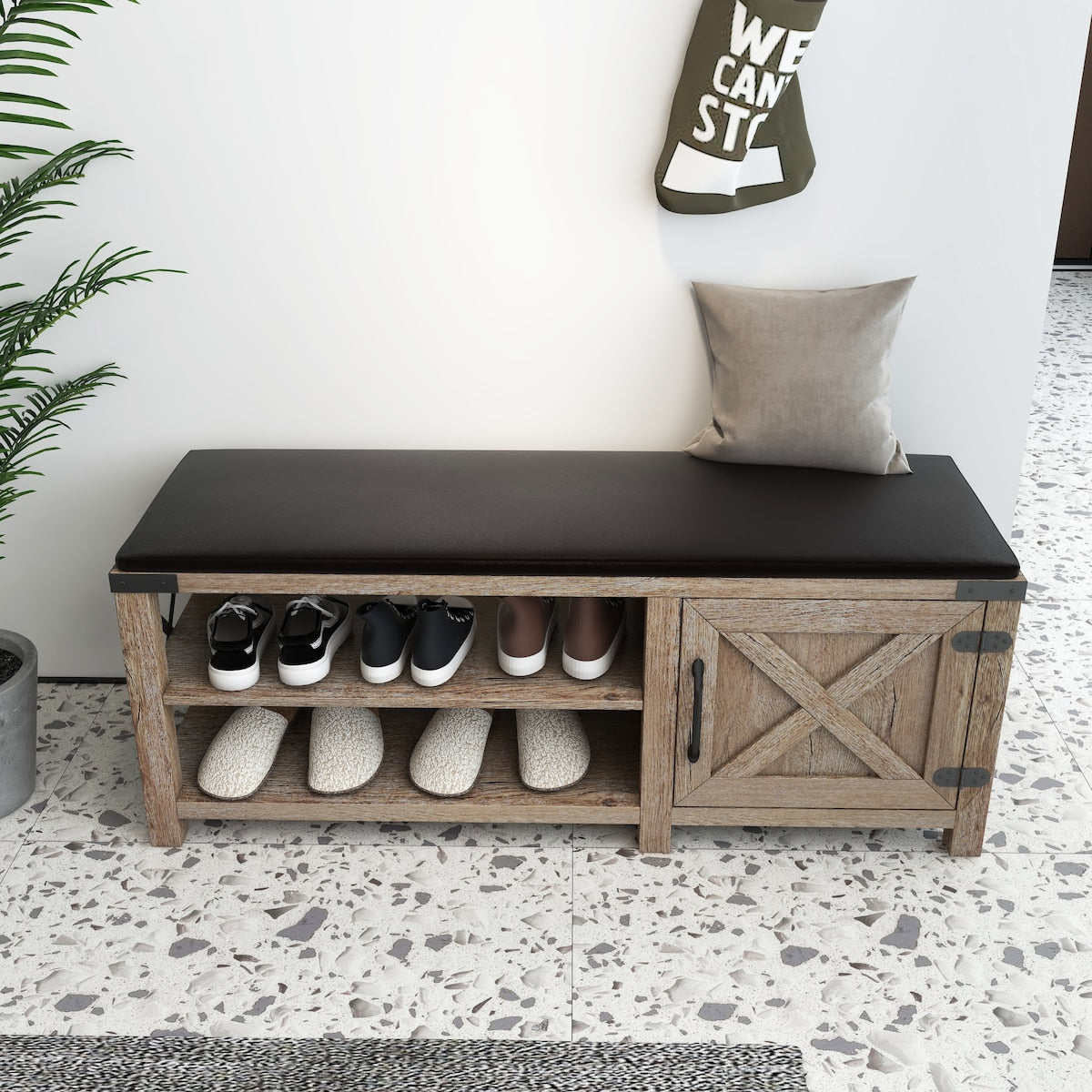 Modern Farmhouse Shoes Bench With Seat Cushion, Tobacco Wood