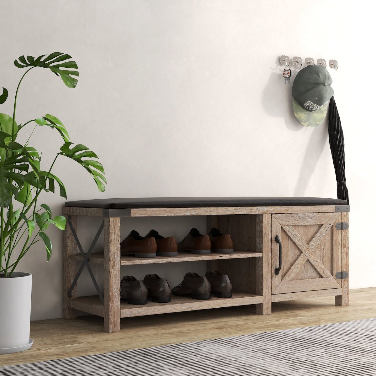 Modern Farmhouse Shoes Bench With Seat Cushion, Tobacco Wood