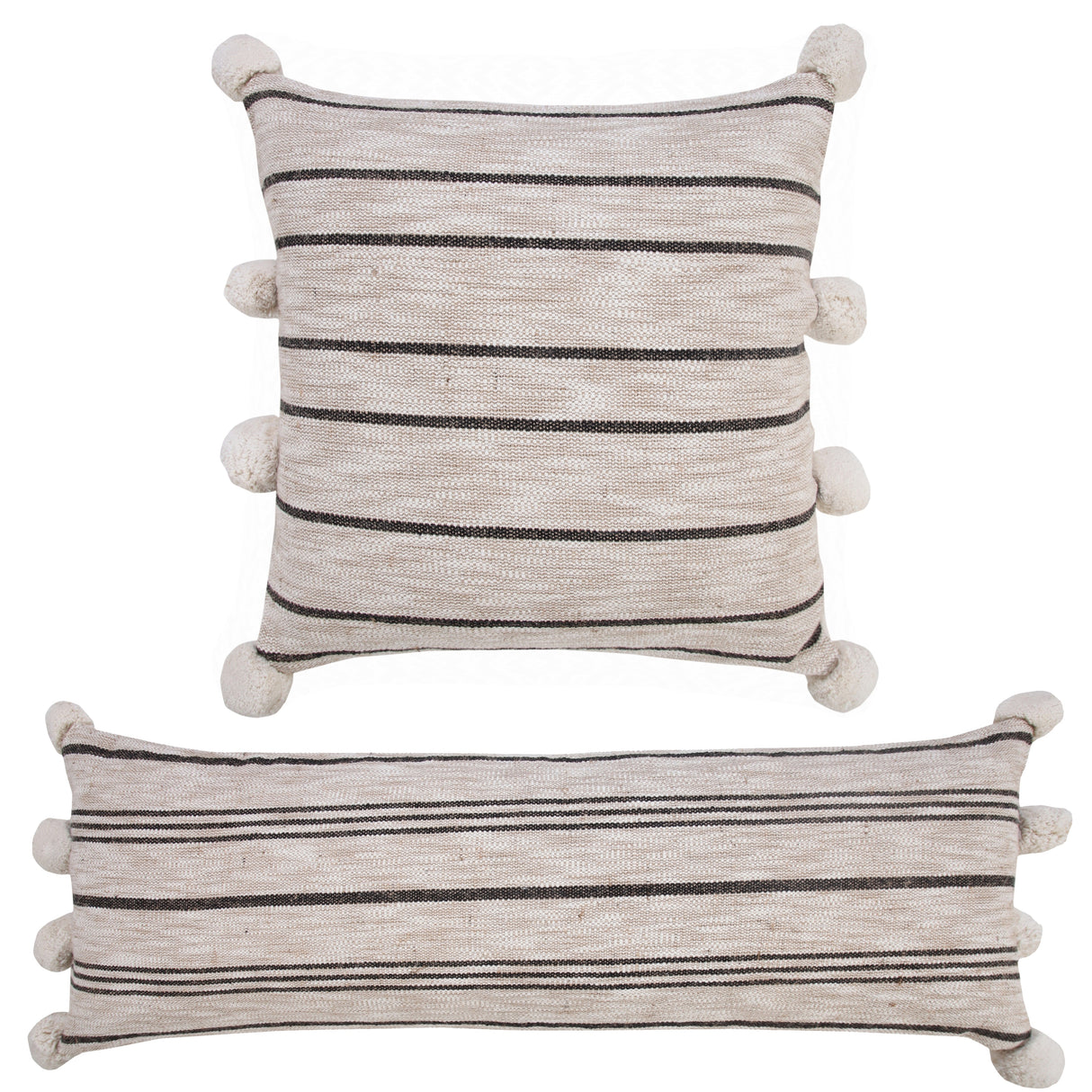 Sevita Modern Farmhouse Striped Throw Pillow with Pom Poms