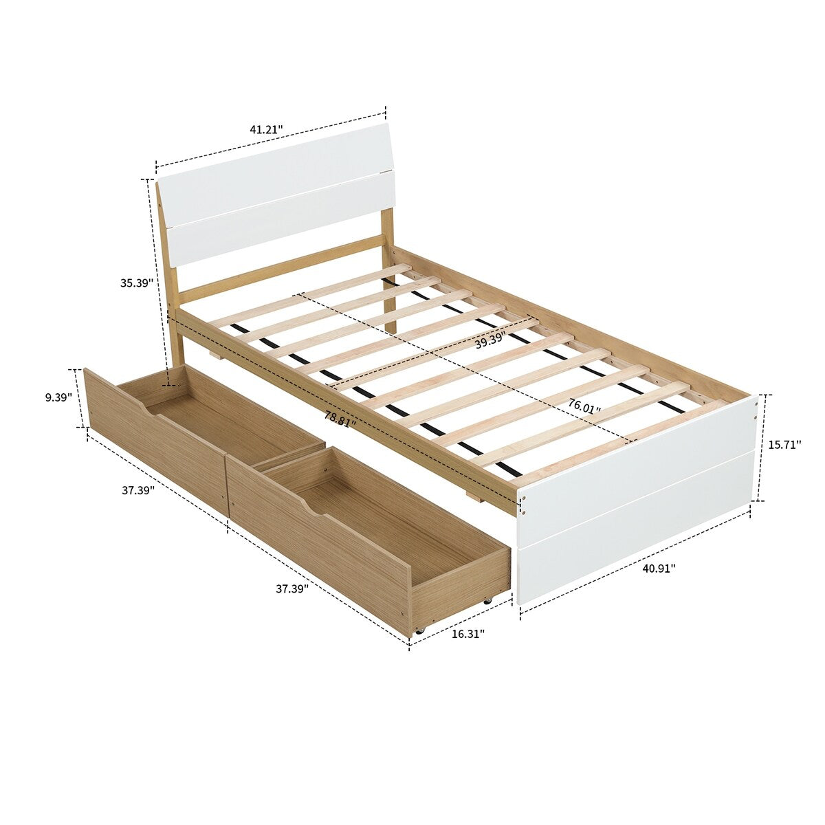 Modern Farmhouse Style Twin Size Wooden Platform Bed Frame with 2 Underbed Drawers