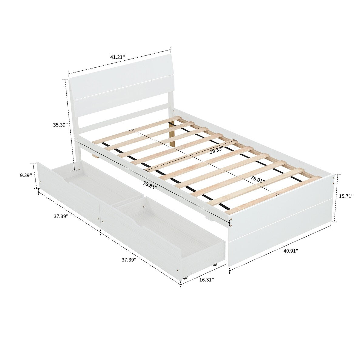 Modern Farmhouse Style Twin Size Wooden Platform Bed Frame with 2 Underbed Drawers