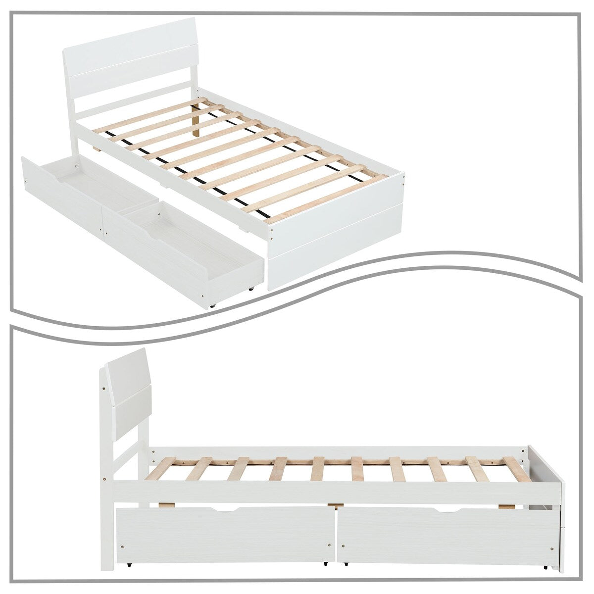 Modern Farmhouse Style Twin Size Wooden Platform Bed Frame with 2 Underbed Drawers