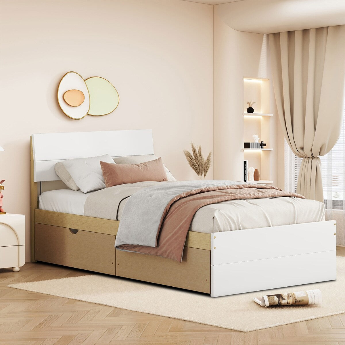 Modern Farmhouse Style Twin Size Wooden Platform Bed Frame with 2 Underbed Drawers