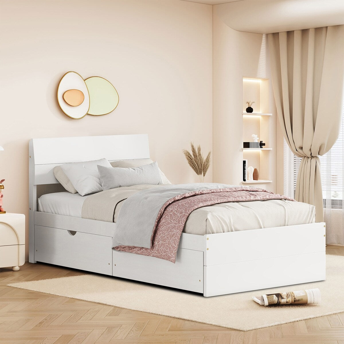 Modern Farmhouse Style Twin Size Wooden Platform Bed Frame with 2 Underbed Drawers