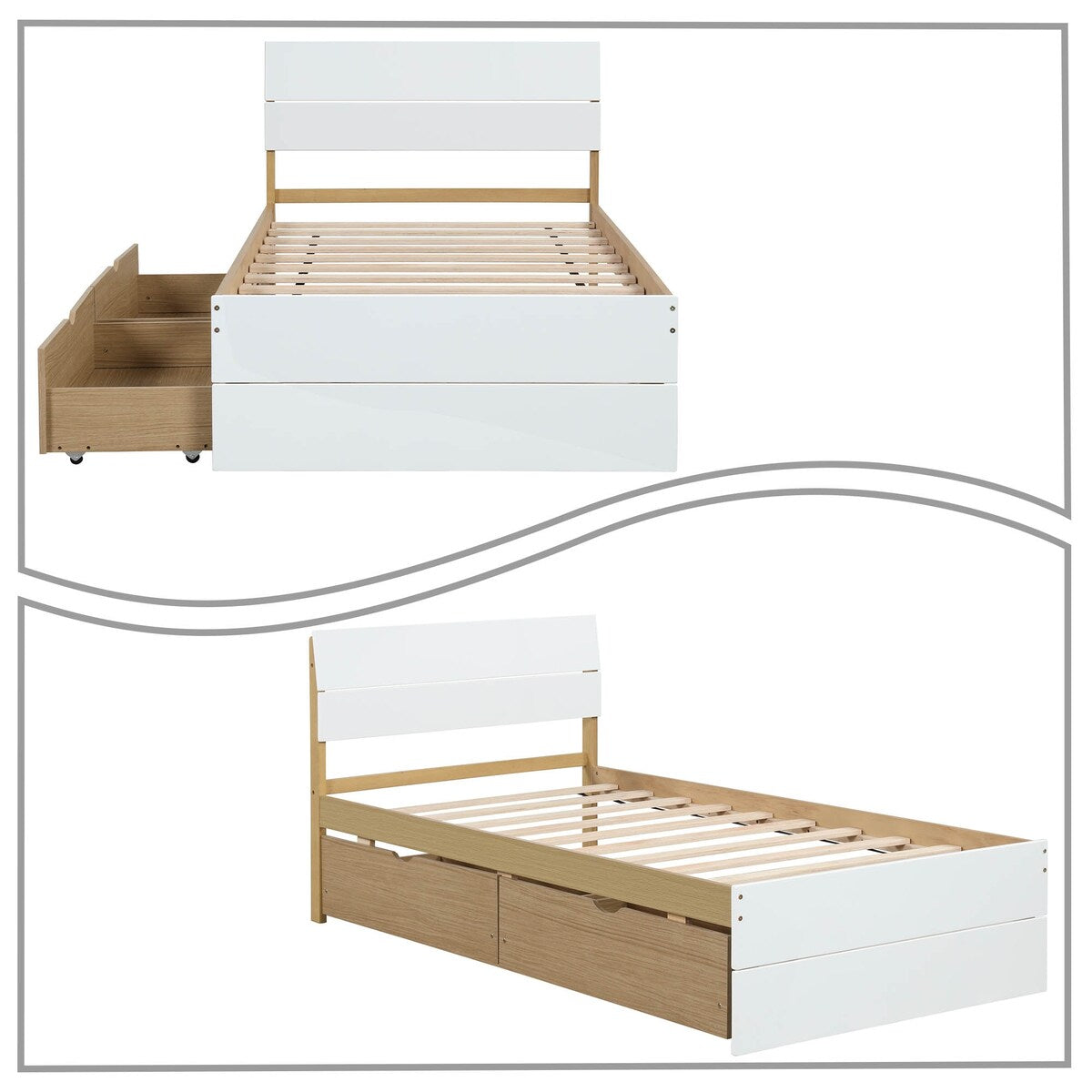 Modern Farmhouse Style Twin Size Wooden Platform Bed Frame with 2 Underbed Drawers