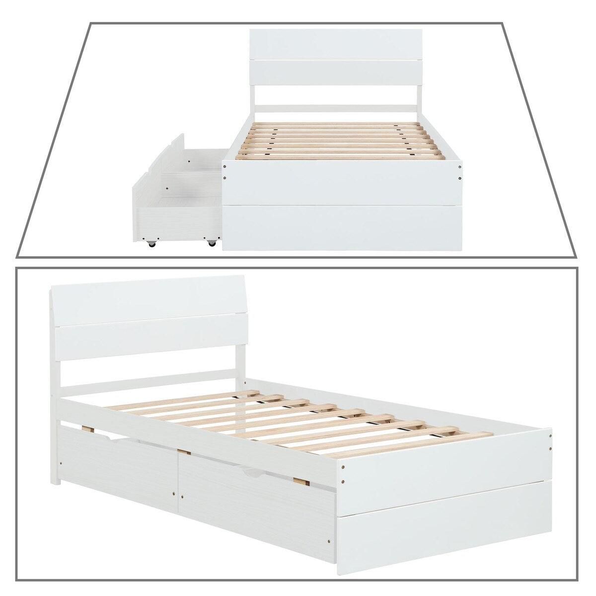 Modern Farmhouse Style Twin Size Wooden Platform Bed Frame with 2 Underbed Drawers