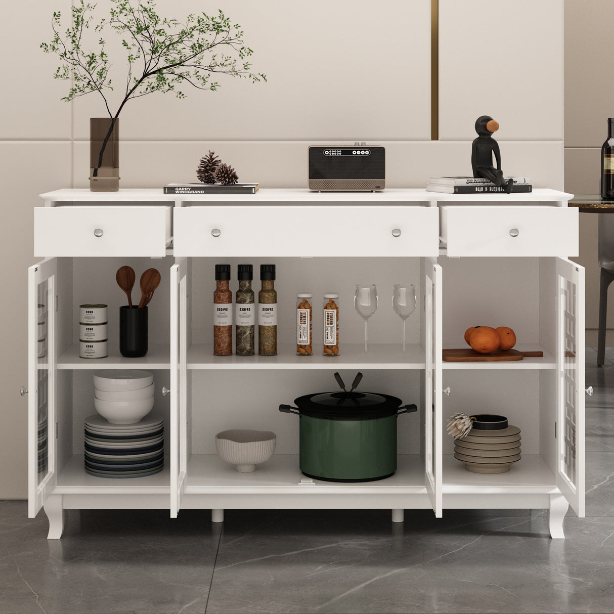 Modern Farmhouse Wood Accent Cabinet with Glass Doors Sideboard Buffet