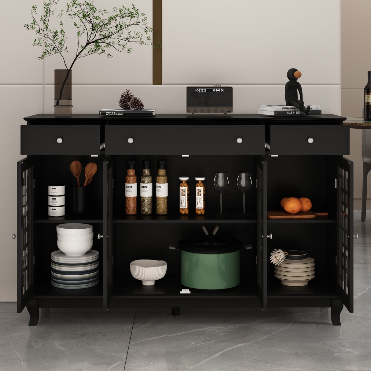 Modern Farmhouse Wood Accent Cabinet with Glass Doors Sideboard Buffet