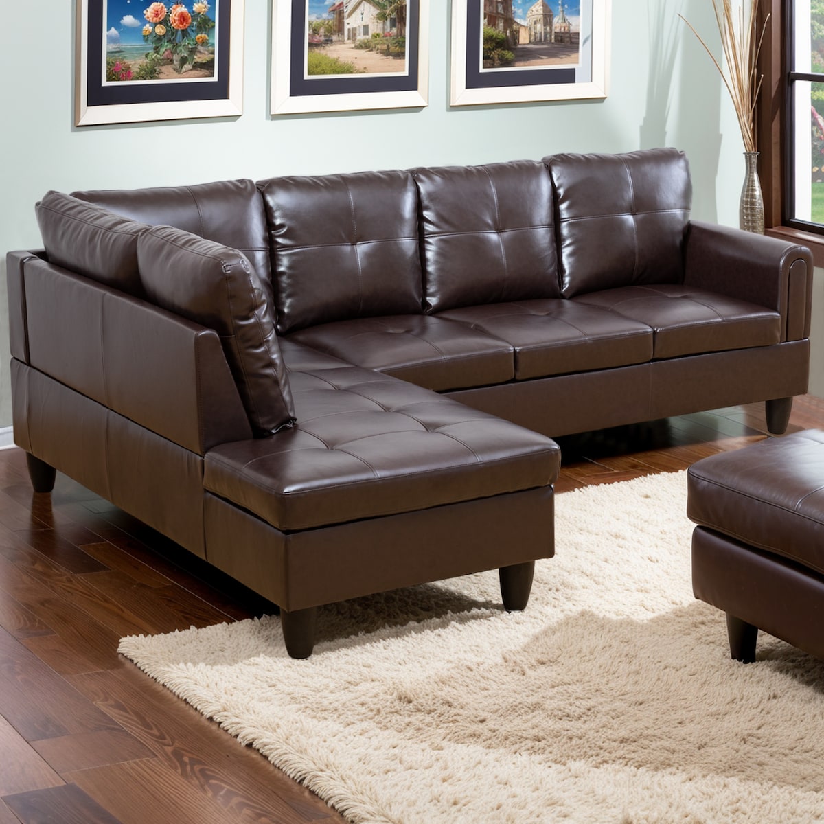 Modern Faux Leather Sectional Couch with Chaise and Ottoman-Large