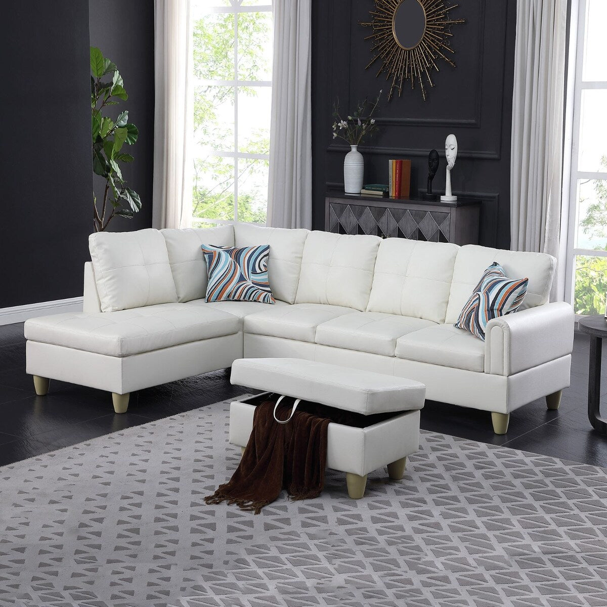 Modern Faux Leather Sectional Couch with Chaise and Ottoman-Large