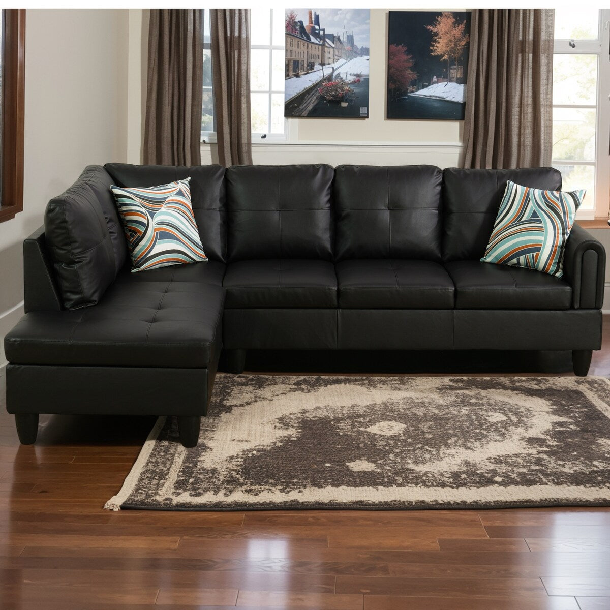 Modern Faux Leather Sectional Couch with Chaise and Ottoman-Large