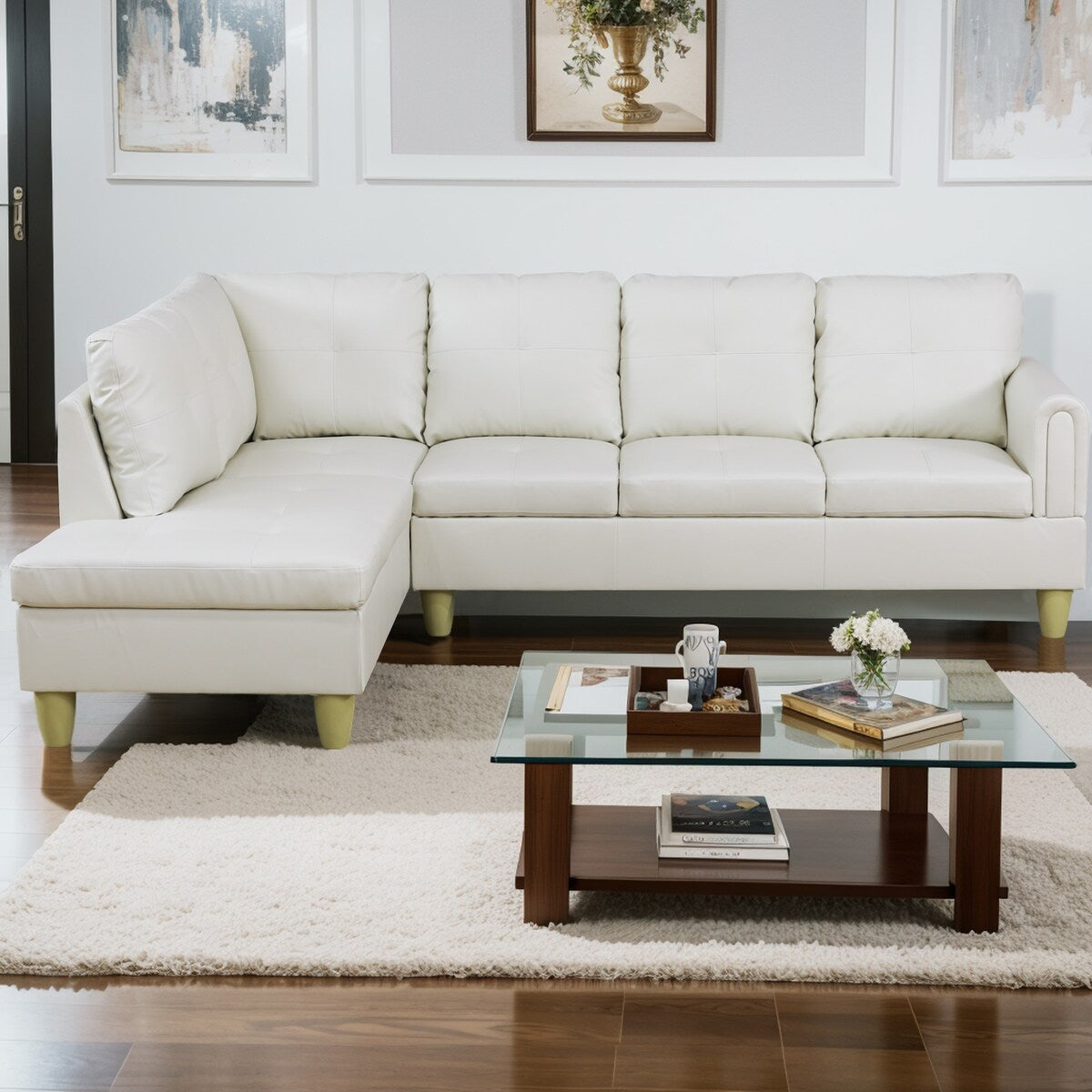 Modern Faux Leather Sectional Couch with Chaise and Ottoman-Large