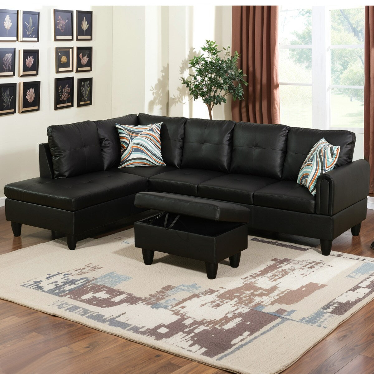 Modern Faux Leather Sectional Couch with Chaise and Ottoman-Large