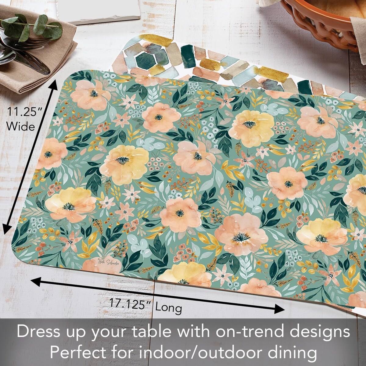Modern Floral 4 Pack Reversible Easy Care Flexible Plastic Placemats Made in The USA BPA Free Easily Wipes Clean