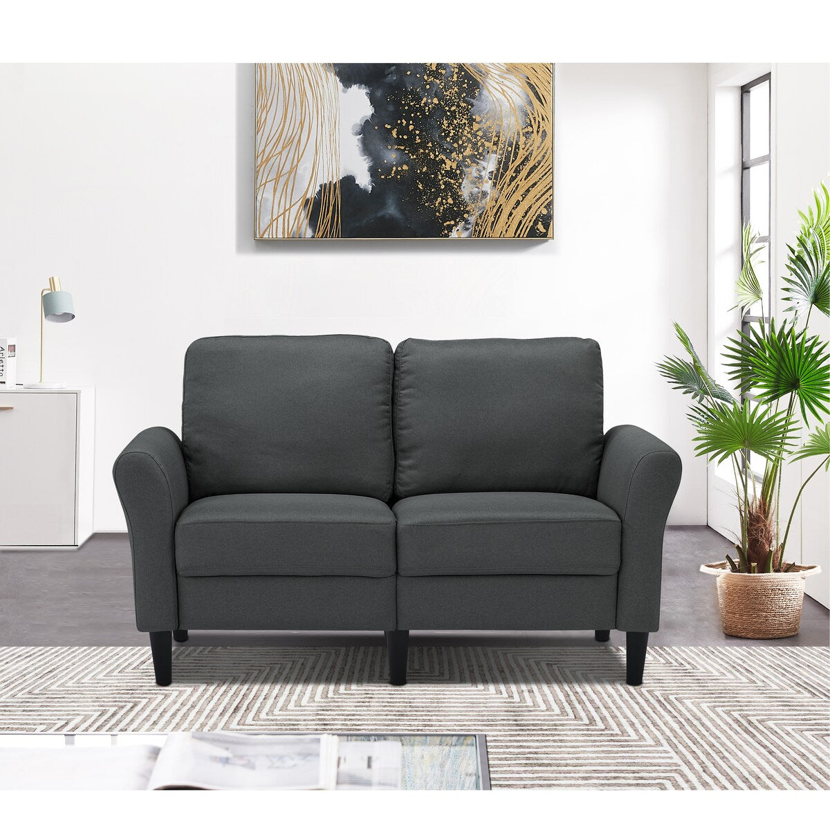 Modern Frabic 2-person Stationary Couch Loveseat Sofa with Removable Back&Seat, 2 Flaerd arms and 6 Plastic Legs