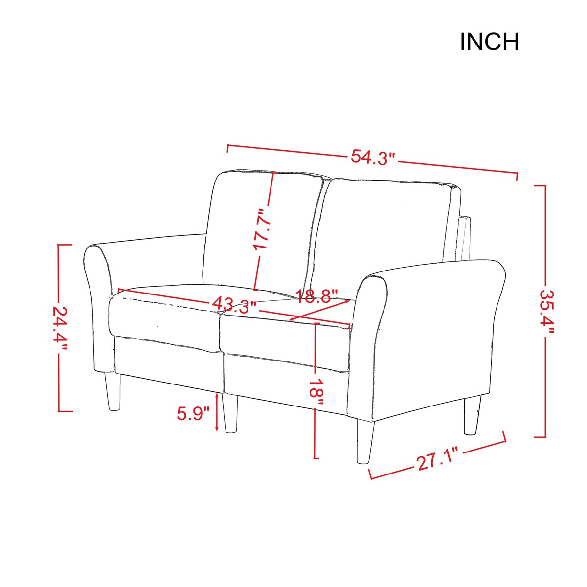 Modern Frabic 2-person Stationary Couch Loveseat Sofa with Removable Back&Seat, 2 Flaerd arms and 6 Plastic Legs
